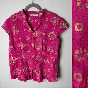 Angelique Blouse Size Large Top Short Cap Sleeves Cotton Swiss Swiss Dot Pink